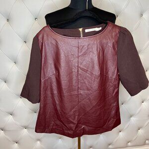 Bishop+Young Burgundy Faux Leather Top With Brown Sleeves Size L